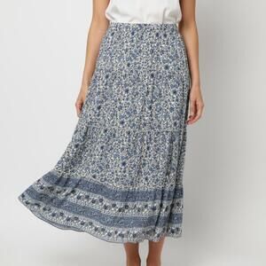 No Comment Blue Floral Tiered Maxi Skirt Elastic Waist‎ Lined RW228445 NWT L